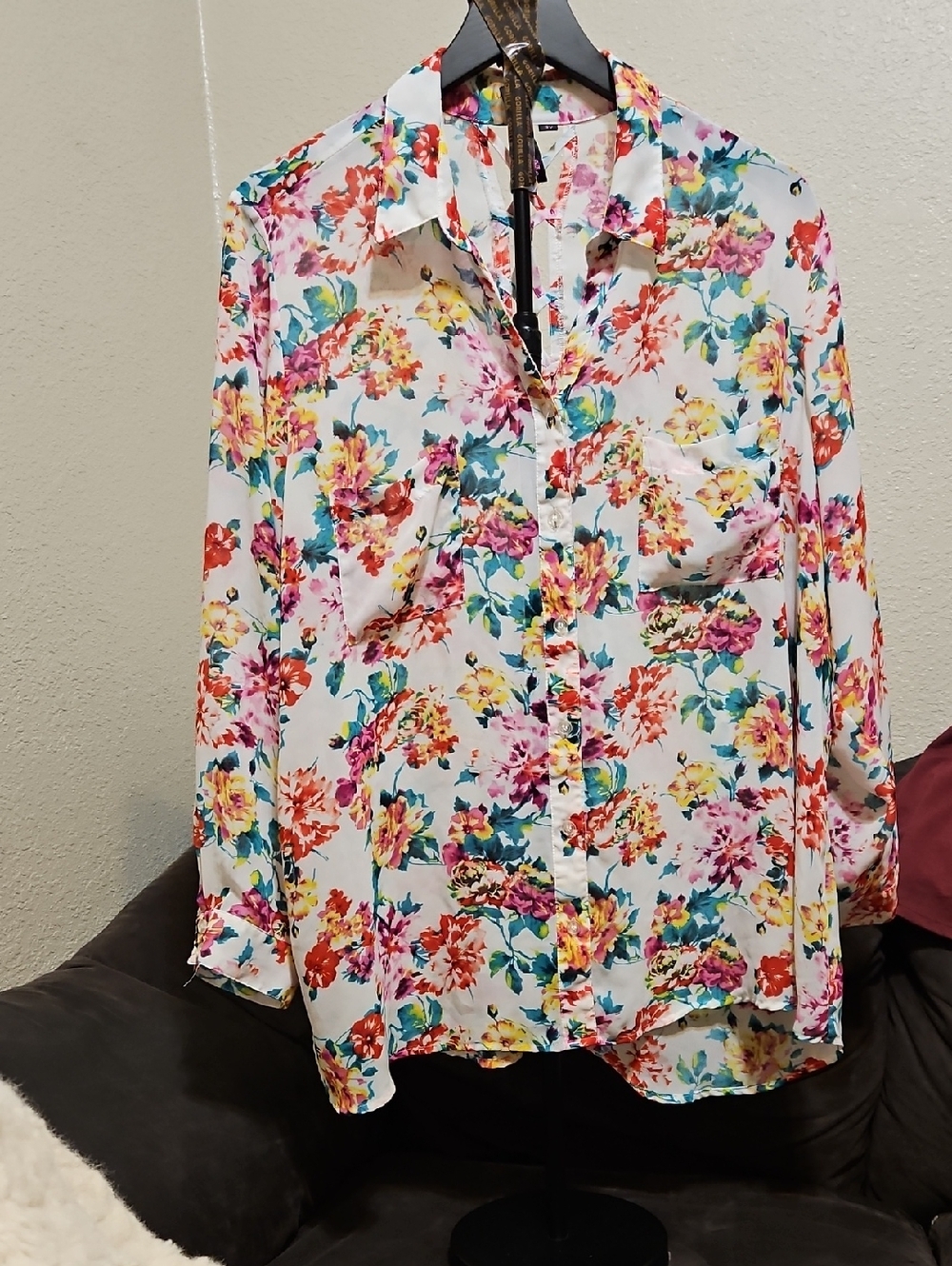 White Floral Button-Down Shirt with Multicolor Print